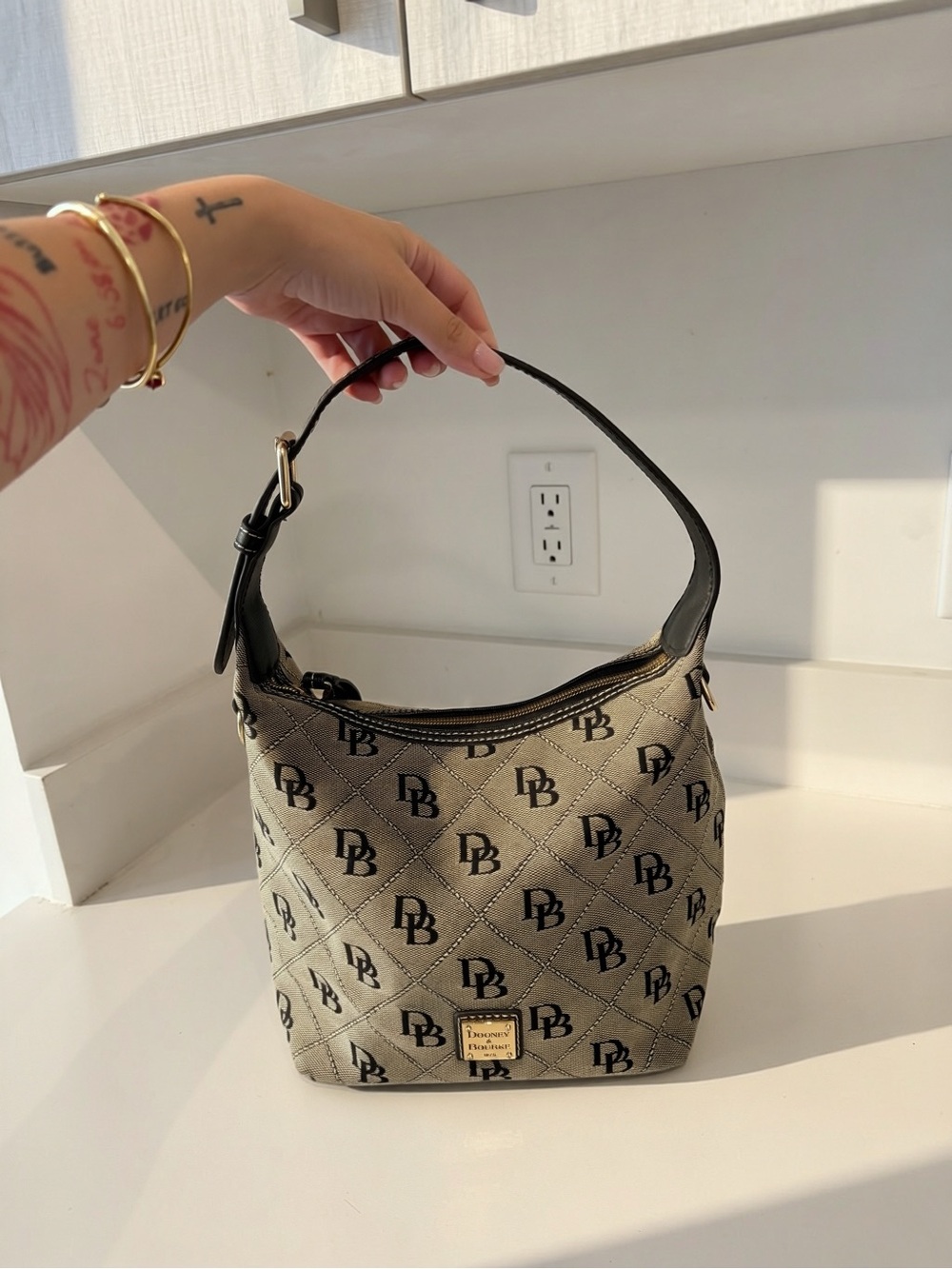Dooney & Bourke Gold Quilted Monogram Hobo with Black Trim